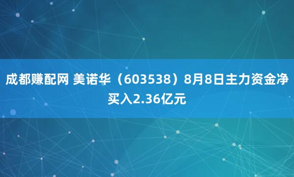 成都赚配网 美诺华（603538）8月8日主力资金净买入2.36亿元